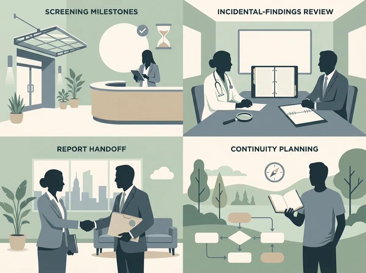 Editorial illustration of a health checkup case with follow-up findings review