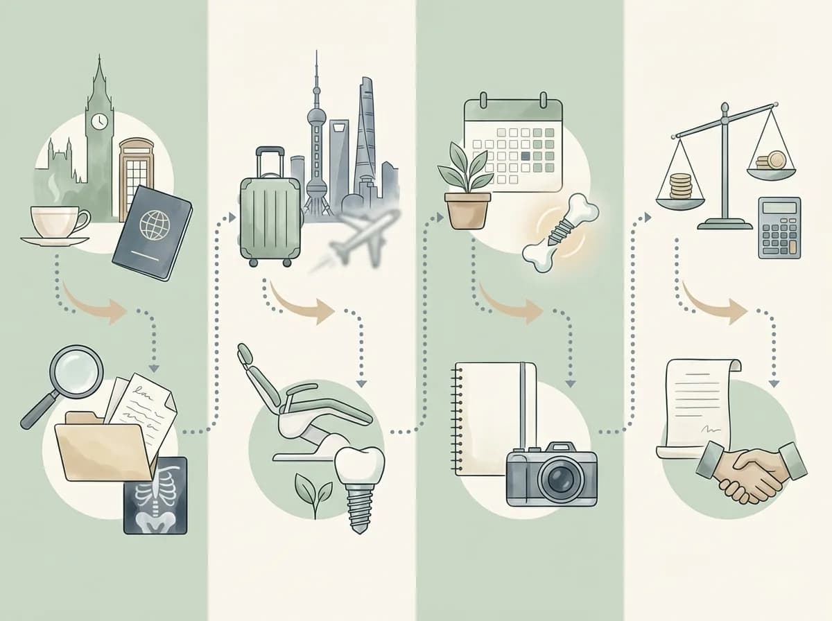 Editorial illustration of a staged dental implant case journey in Shanghai