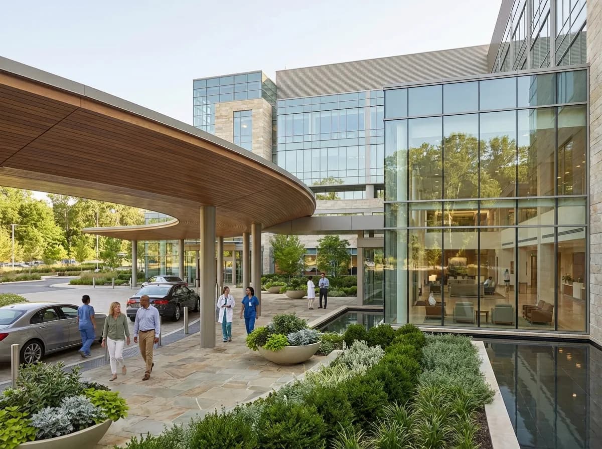 Photorealistic scene of Jiahui International Hospital campus and reception