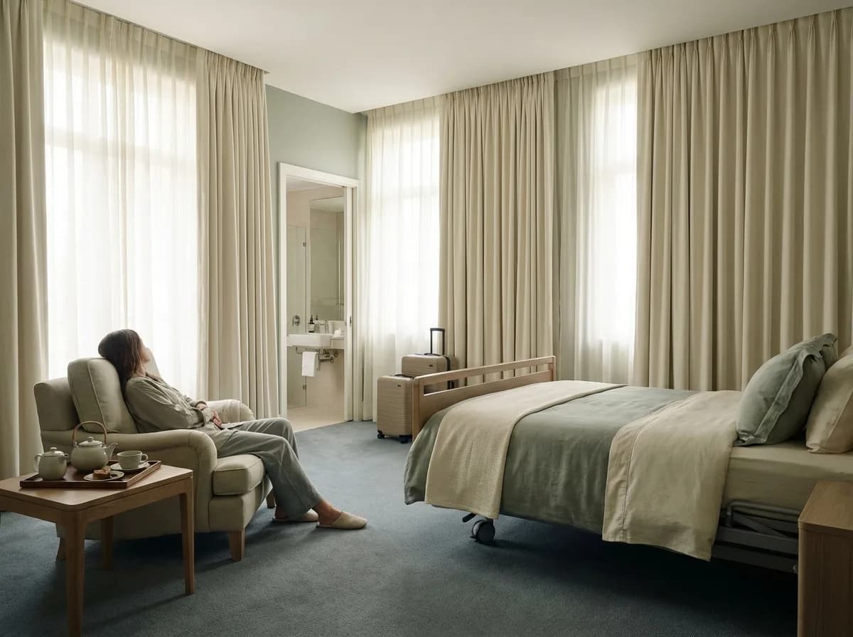 Photorealistic scene of a recovery-friendly hotel stay